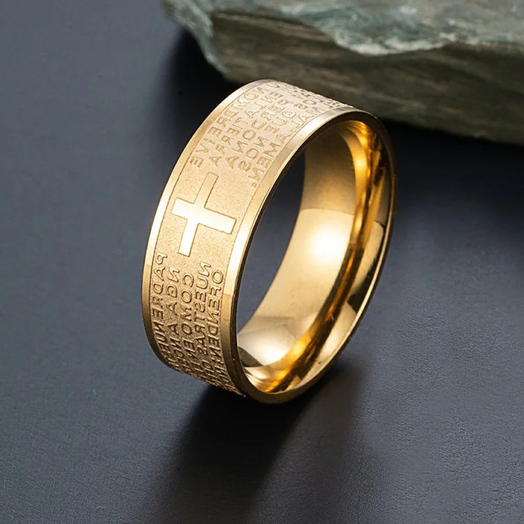 7Mm Tone Spanish Golden the Holy Bible Prayer Cross Ring Stainless Steel Rings Wholesale