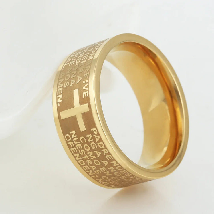 7Mm Tone Spanish Golden the Holy Bible Prayer Cross Ring Stainless Steel Rings Wholesale