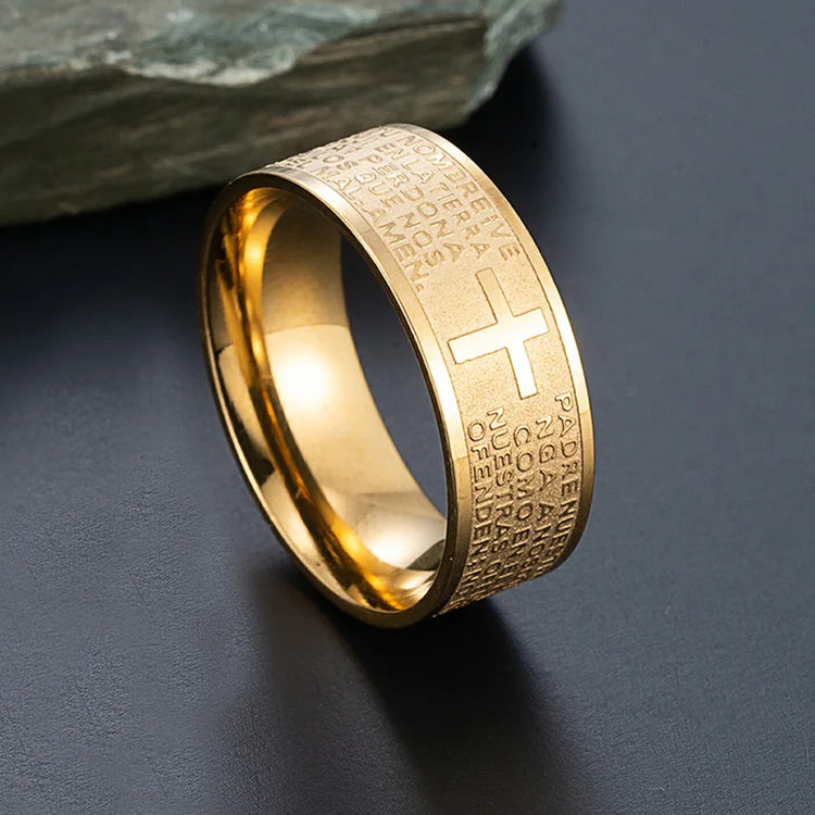 7Mm Tone Spanish Golden the Holy Bible Prayer Cross Ring Stainless Steel Rings Wholesale
