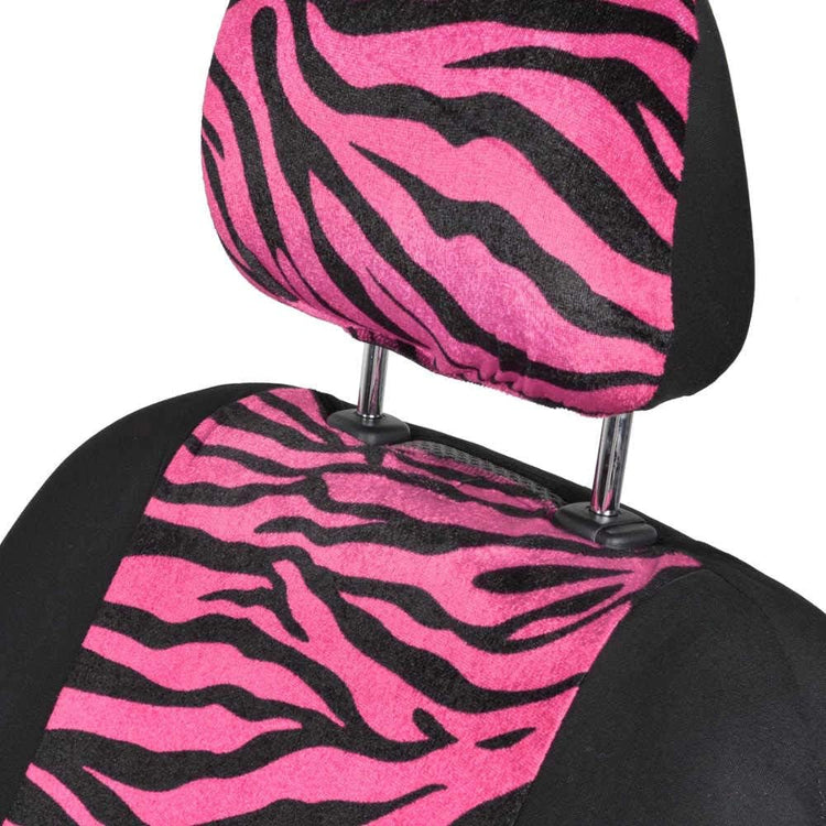 Carxs Zebra Print Car Seat Covers Full Set, Includes Matching Seat Belt Pads and Steering Wheel Cover, Two-Tone Animal Print Hot Pink Seat Covers for Cars for Women, Car Seat Protector Interior Covers