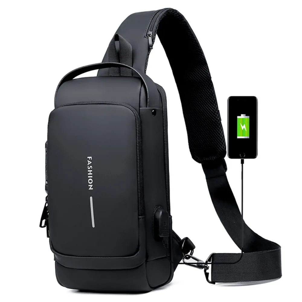USB Charging Sport Sling Bag Male Anti-Theft Chest Bag with Password Lock