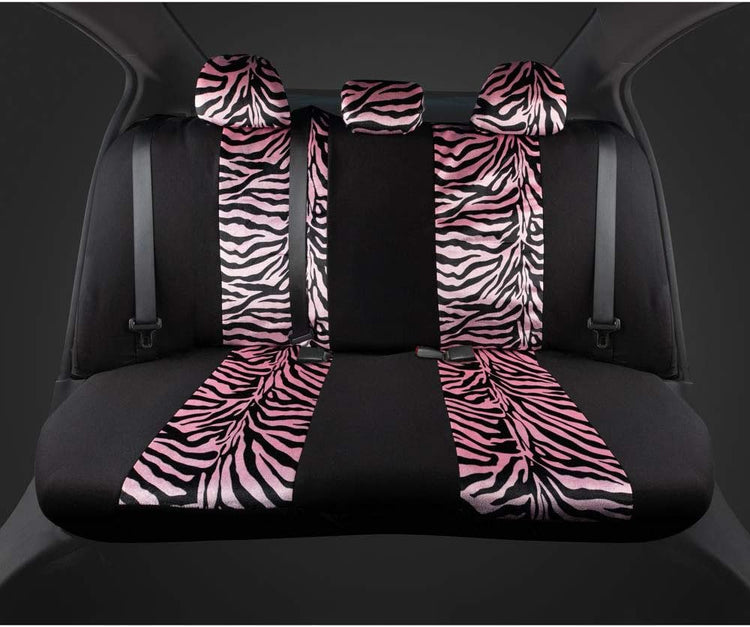 Velvet Zebra Pink Car Seat Covers, Full Set with Seat Belt Pads & Steering Wheel Cover, Universal Fit