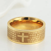 7Mm Tone Spanish Golden the Holy Bible Prayer Cross Ring Stainless Steel Rings Wholesale