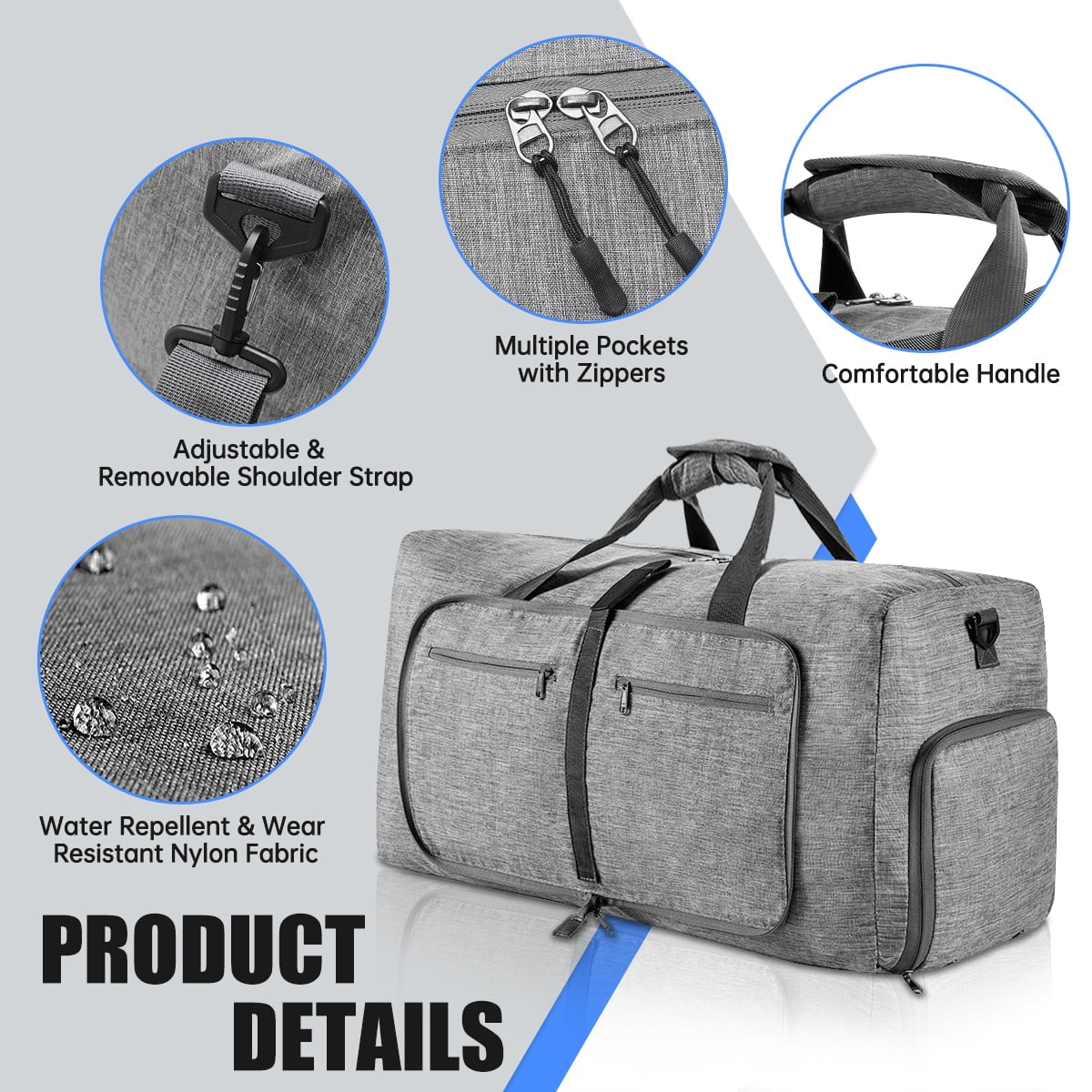 Travel Duffel Bag for Men, 40L Foldable Duffle Bags with Shoes Compartment, Overnight Bag for Men Women Waterproof & Tear Resistant (Gray)