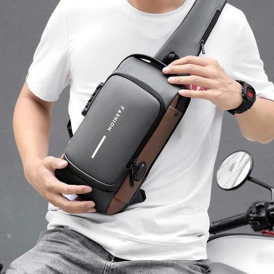 USB Charging Sport Sling Bag Male Anti-Theft Chest Bag with Password Lock