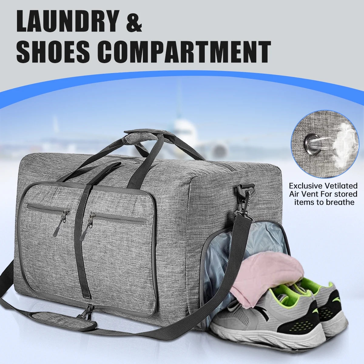 Travel Duffel Bag for Men, 40L Foldable Duffle Bags with Shoes Compartment, Overnight Bag for Men Women Waterproof & Tear Resistant (Gray)