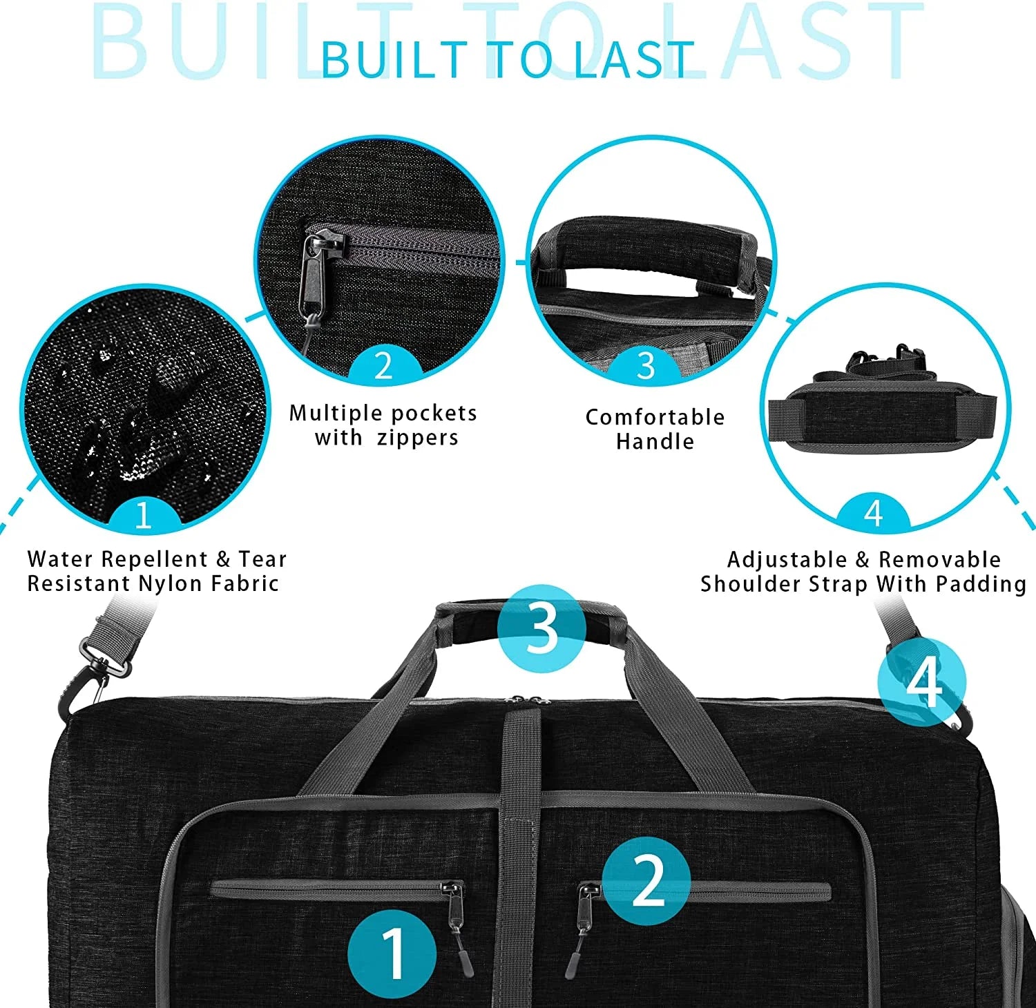 65L Large Foldable Travel Duffle Bag, Black Duffel Bag for Men Women, Foldable Gym Bag with Shoes Compartment, Overnight Bags Waterproof & Tear Resistant