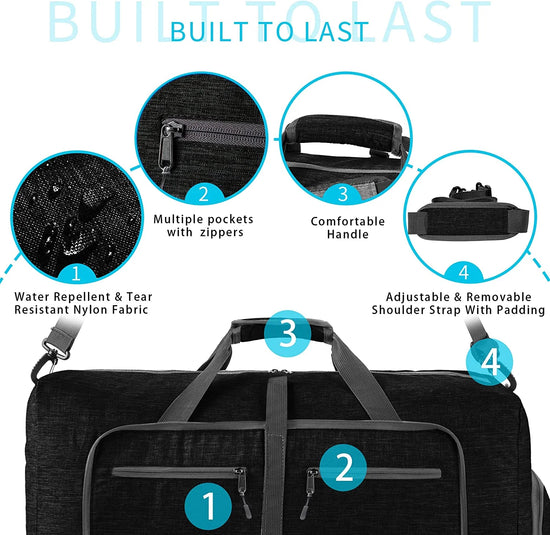65L Large Foldable Travel Duffle Bag, Black Duffel Bag for Men Women, Foldable Gym Bag with Shoes Compartment, Overnight Bags Waterproof & Tear Resistant