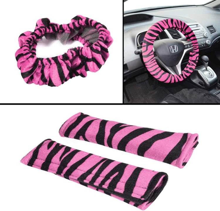 Carxs Zebra Print Car Seat Covers Full Set, Includes Matching Seat Belt Pads and Steering Wheel Cover, Two-Tone Animal Print Hot Pink Seat Covers for Cars for Women, Car Seat Protector Interior Covers