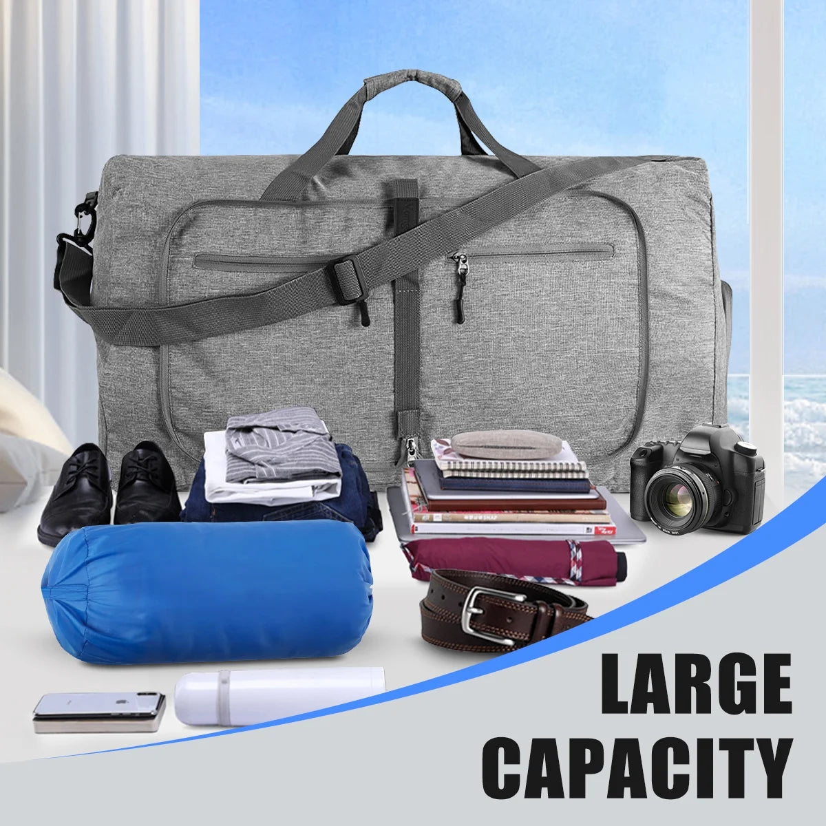 Travel Duffel Bag for Men, 40L Foldable Duffle Bags with Shoes Compartment, Overnight Bag for Men Women Waterproof & Tear Resistant (Gray)
