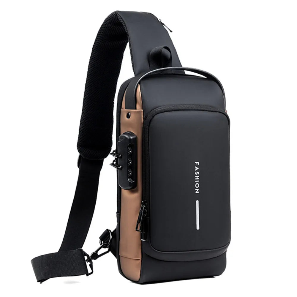 USB Charging Sport Sling Bag Male Anti-Theft Chest Bag with Password Lock