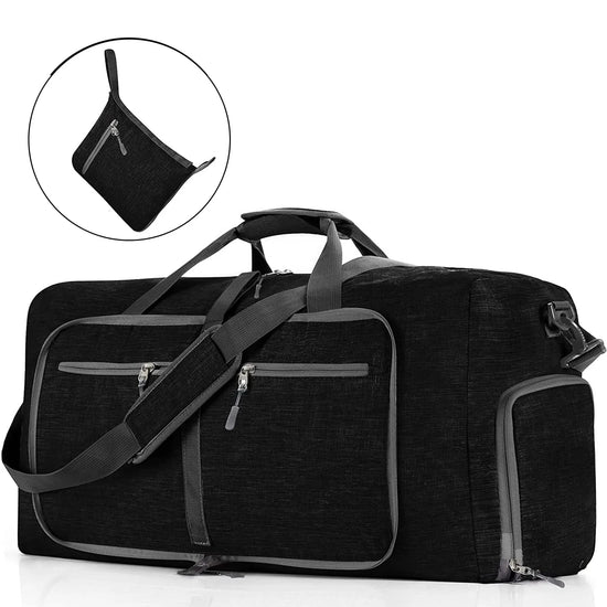 65L Large Foldable Travel Duffle Bag, Black Duffel Bag for Men Women, Foldable Gym Bag with Shoes Compartment, Overnight Bags Waterproof & Tear Resistant