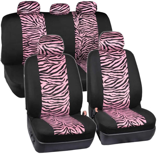 Carxs Zebra Print Car Seat Covers Full Set, Includes Matching Seat Belt Pads and Steering Wheel Cover, Two-Tone Animal Print Hot Pink Seat Covers for Cars for Women, Car Seat Protector Interior Covers