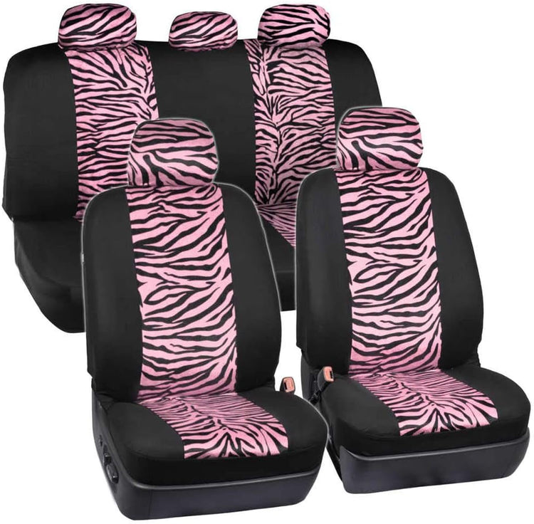 Carxs Zebra Print Car Seat Covers Full Set, Includes Matching Seat Belt Pads and Steering Wheel Cover, Two-Tone Animal Print Hot Pink Seat Covers for Cars for Women, Car Seat Protector Interior Covers