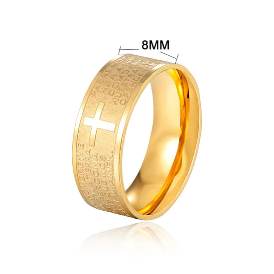 7Mm Tone Spanish Golden the Holy Bible Prayer Cross Ring Stainless Steel Rings Wholesale