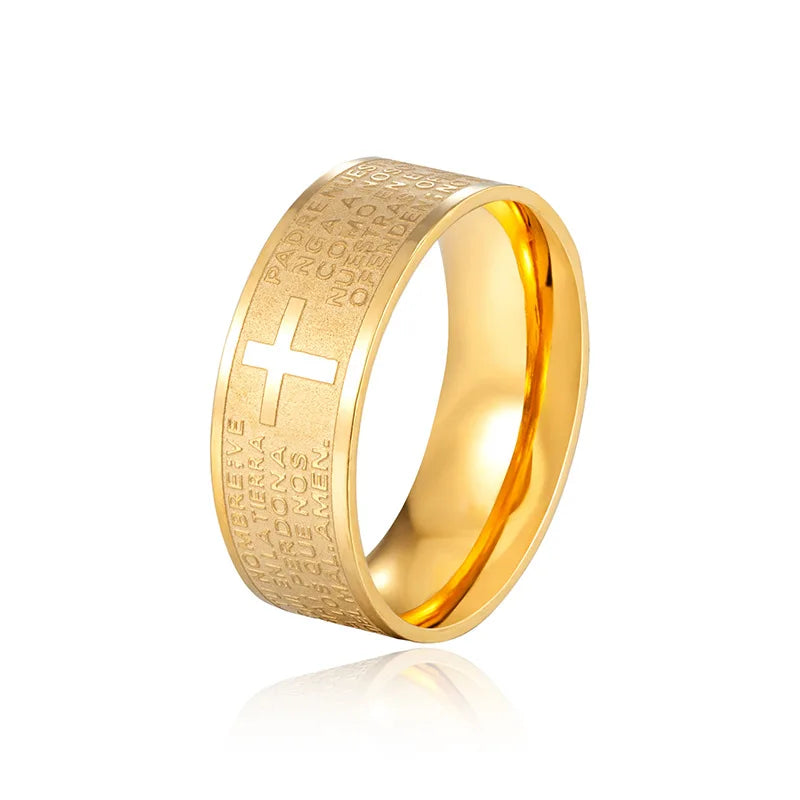 7Mm Tone Spanish Golden the Holy Bible Prayer Cross Ring Stainless Steel Rings Wholesale