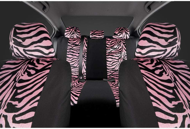 Velvet Zebra Pink Car Seat Covers, Full Set with Seat Belt Pads & Steering Wheel Cover, Universal Fit