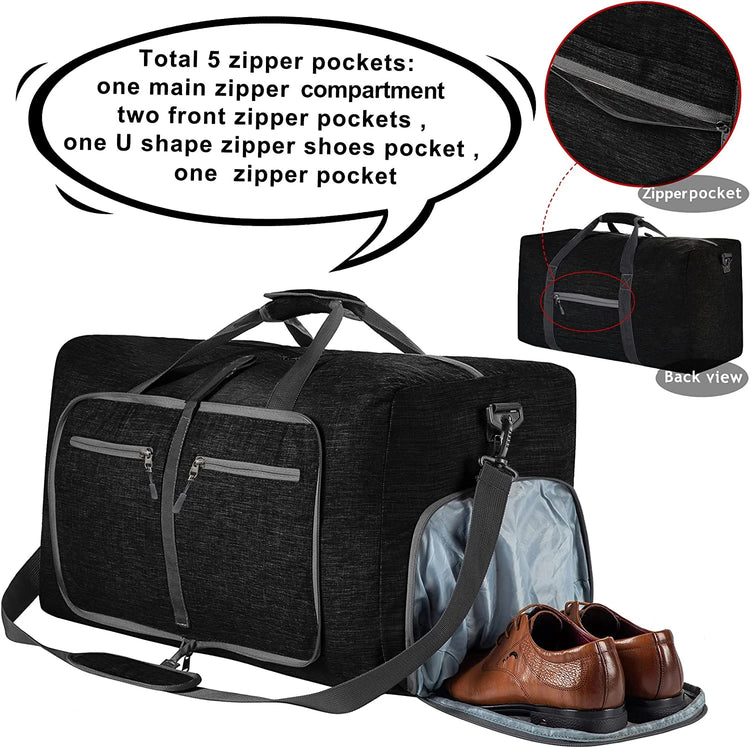 65L Large Foldable Travel Duffle Bag, Black Duffel Bag for Men Women, Foldable Gym Bag with Shoes Compartment, Overnight Bags Waterproof & Tear Resistant