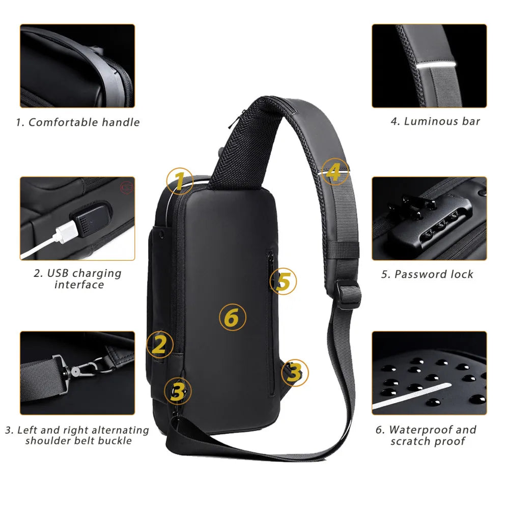 USB Charging Sport Sling Bag Male Anti-Theft Chest Bag with Password Lock
