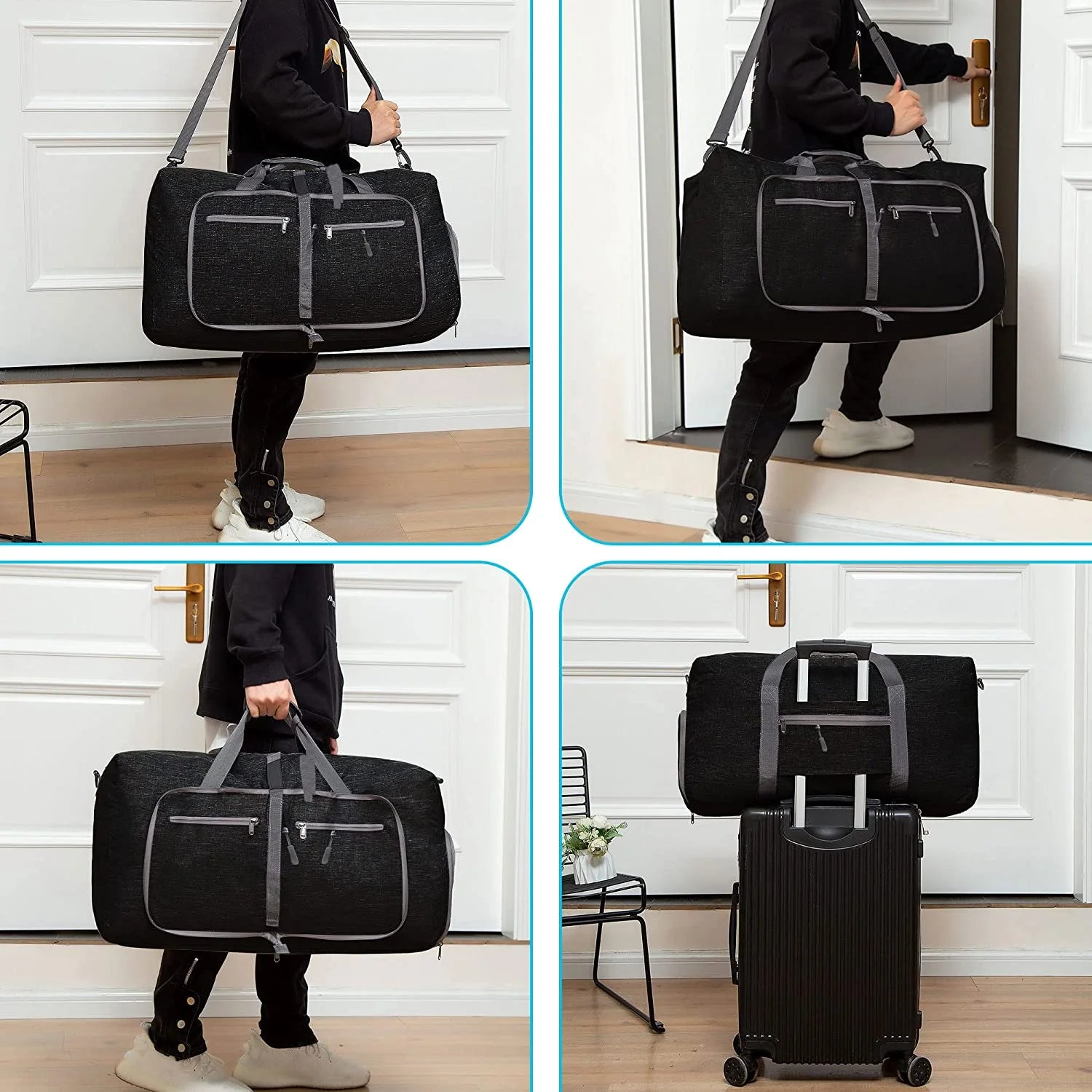 65L Large Foldable Travel Duffle Bag, Black Duffel Bag for Men Women, Foldable Gym Bag with Shoes Compartment, Overnight Bags Waterproof & Tear Resistant