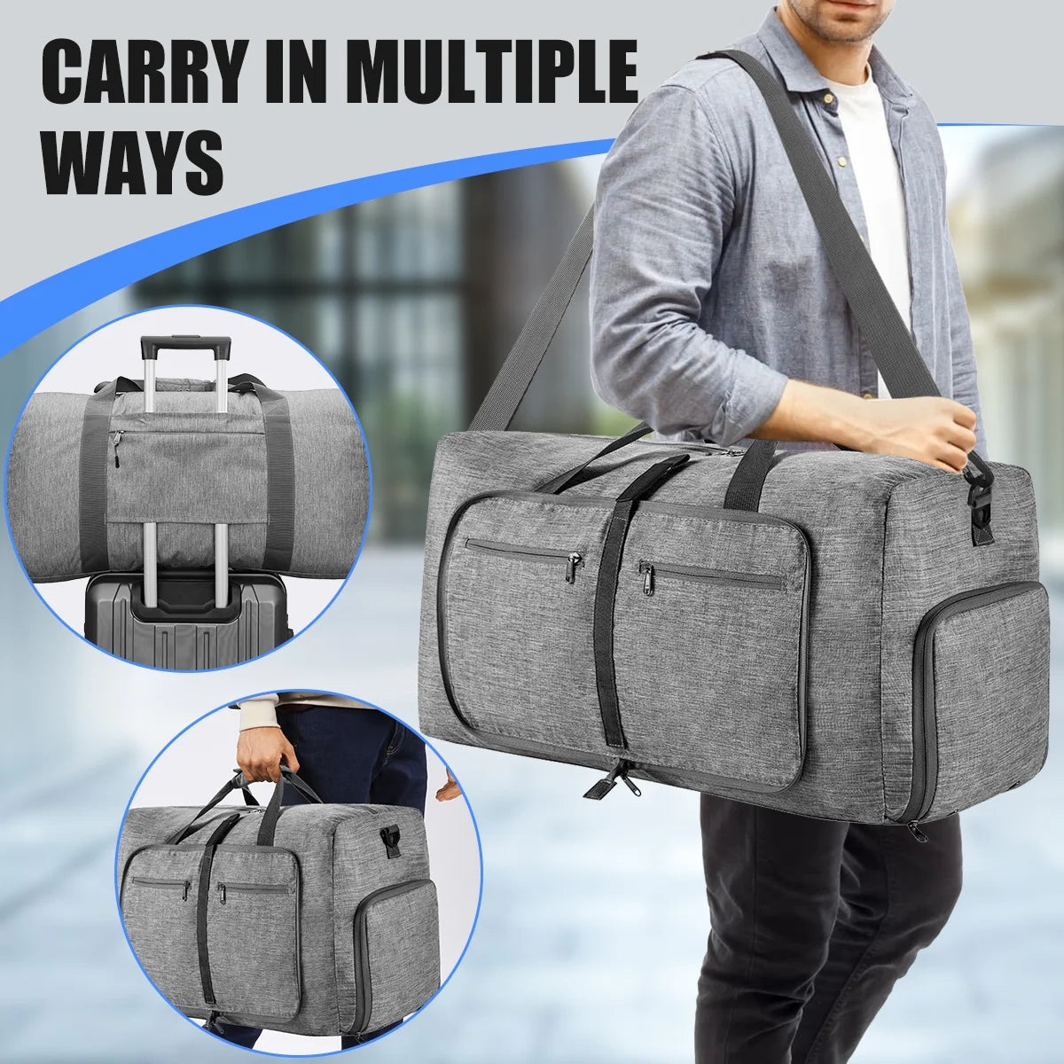 Travel Duffel Bag for Men, 40L Foldable Duffle Bags with Shoes Compartment, Overnight Bag for Men Women Waterproof & Tear Resistant (Gray)