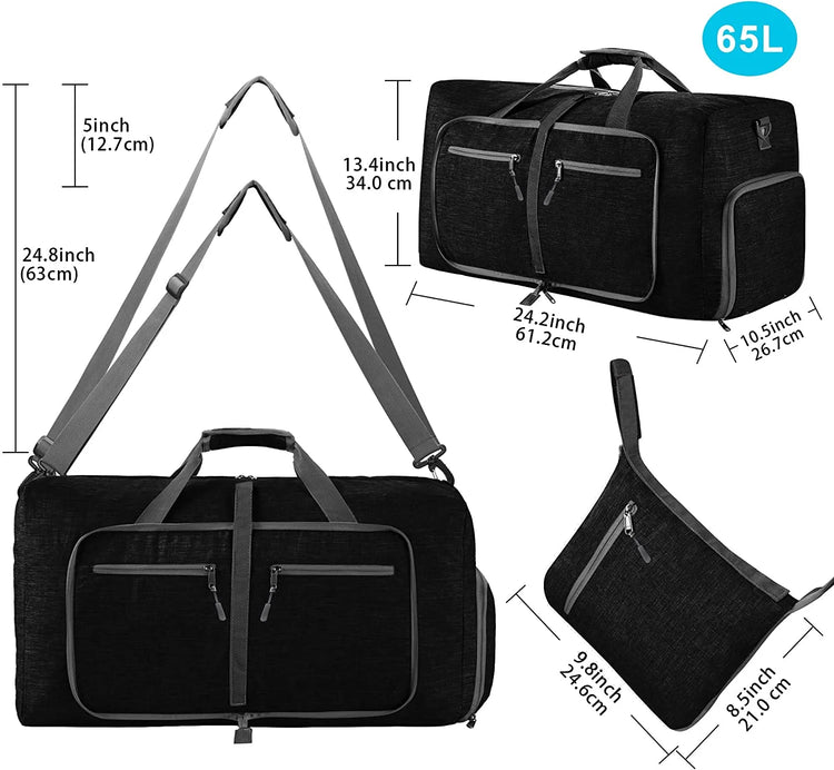 65L Large Foldable Travel Duffle Bag, Black Duffel Bag for Men Women, Foldable Gym Bag with Shoes Compartment, Overnight Bags Waterproof & Tear Resistant