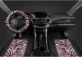 Velvet Zebra Pink Car Seat Covers, Full Set with Seat Belt Pads & Steering Wheel Cover, Universal Fit